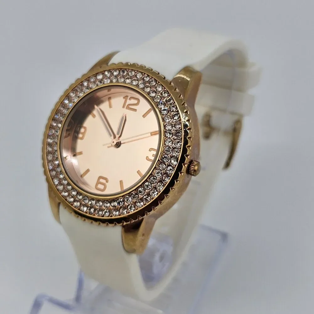 Women's Watch 39MM Gold Dial Case Crystal Bezel White Plastic Bands New‎ Battery